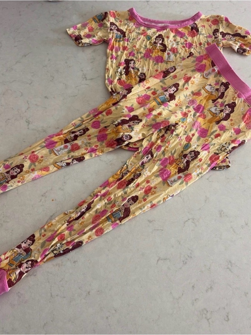 Little Sleepies Yellow & Pink Princess Floral Princess Belle Pajama Set.